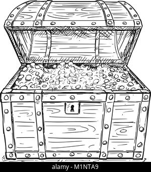 Cartoon Vektor Zeichnung der Alten offenen Piraten Schatztruhe mit Goldmünzen in Stock Vektor