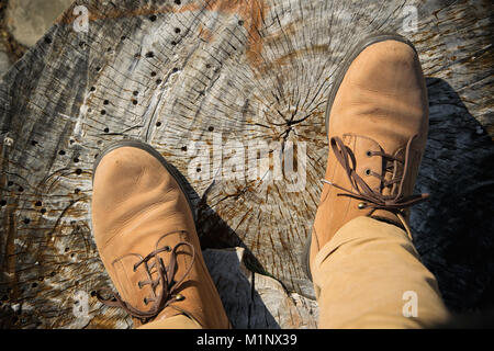 Eine Person mit Hose und Schuhe in natürlichen, warmen Farben, steht auf Holz- Stamm, persönliche Sicht. Konzepte - Mode, Tourismus, Herbst - Winter Stockfoto