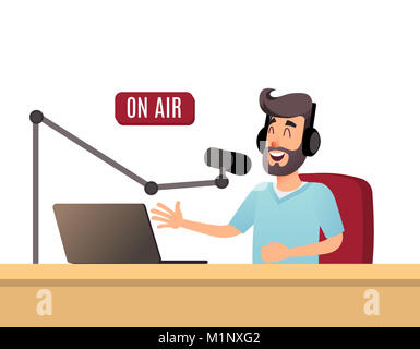 Der radiomoderator spricht auf der Luft. Ein junges Radio DJ Kopfhörer an einem Radiosender. Sendungen flache Design Illustration. Stockfoto