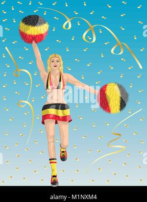 "Belgischen Cheerleader Belgien Fans "Cheerleader Mädchen, Konfetti Papiere und Hintergrund sind in verschiedenen Schichten. Stock Vektor