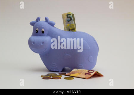 Geld, Kuh, mit Euro-Banknoten und -Münzen auf einem weißen Hintergrund - Geld, Finanzen, sparen, Wachstum Konzept Stockfoto