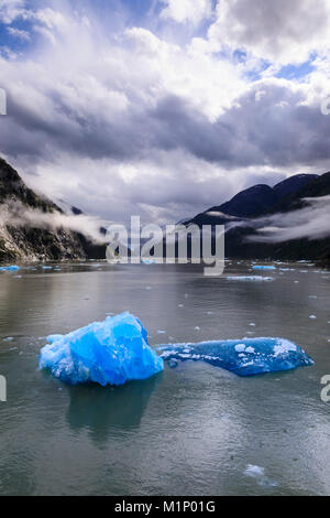 Spektakuläre Tracy Arm Fjord, leuchtend blaue Eisberge und hinterleuchtete clearing Nebel, Berge und im Süden Sawyer Gletscher, Alaska, USA, Nordamerika Stockfoto