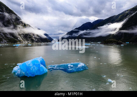 Spektakuläre Tracy Arm Fjord, leuchtend blaue Eisberge und hinterleuchtete clearing Nebel, Berge und im Süden Sawyer Gletscher, Alaska, USA, Nordamerika Stockfoto