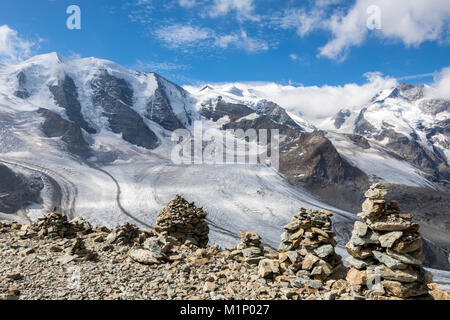 Übersicht der Diavolezza und Pers Gletscher und Piz Palu, St. Moritz, Kanton Graubünden, Engadin, Schweiz, Europa Stockfoto