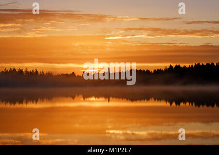 Sonnenaufgang, Morgens Nebel über Kirchsee mit Kloster Reutberg, Sachsenkam, Tölzer Land, Oberbayern, Bayern, Deutschland Stockfoto