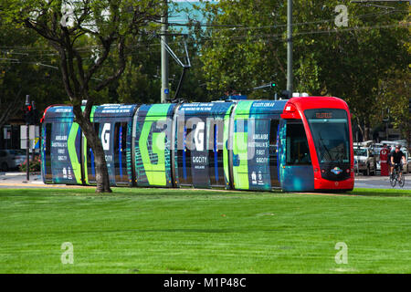 Straßenbahnen am Victoria Square, Adelaide, South Australia, Australien, Pazifik Stockfoto
