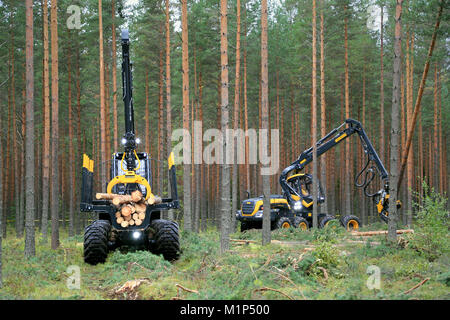 JAMSA, Finnland - 30. AUGUST 2014: Buffalo Ponsse Forwarder und Harvester Skorpion in einer Demo. Ponsse präsentiert seine neue Baureihe 2015 FinnMET Stockfoto