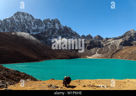 Himalaya. Gokyo Ri, in den Bergen von Nepal, Schnee, hohe Gipfel und See nicht weit von Everest abgedeckt. Stockfoto