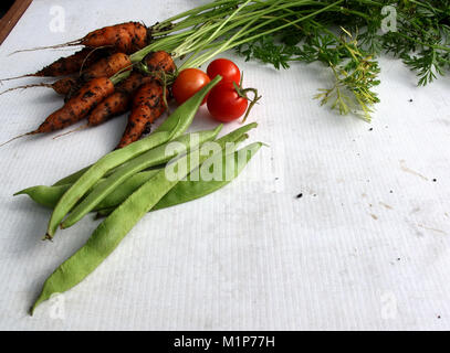 Home Gemüse, Möhren, Bohnen und Tomaten frisch aus dem Garten Stockfoto