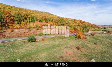 Lebendige farbige Bäume am Berghang neben einem viel befahrenen Highway, im Spätherbst. Schöne, bunte Herbst Hintergrund. Stockfoto