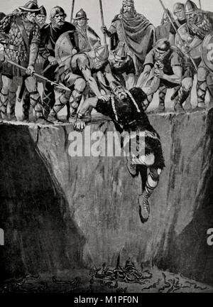 Die Grube der Addierer - Führer der Wikinger in die Grube der Addierer geworfen in Jarrow Stockfoto