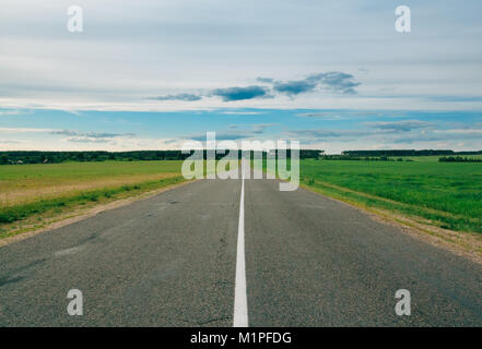 Asphaltstraße führt in den Wald. Autobahn zwischen den Feldern. Landschaft in der Landschaft gegen den Himmel Stockfoto