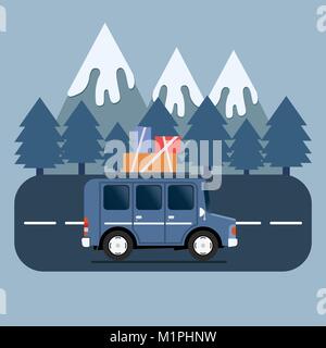 Reisen auto Camping Platz Landschaft. Berge, Bäume, Tanne, und auf der Straße. Vector Illustration im flachen Stil. Stock Vektor