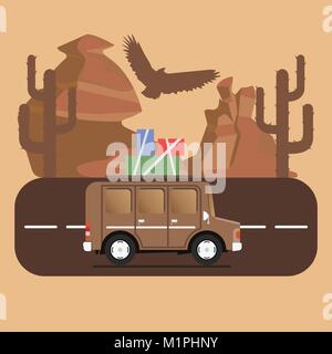 Reisen auto Camping Platz Landschaft. Berge, Wüste, Kaktus, Adler und auf der Straße. Vector Illustration im flachen Stil. Stock Vektor