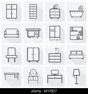 Möbel Symbole gesetzt. Flache Vector Illustration mit langen Schatten auf grauem Hintergrund. Universelle Symbol für Web Design. Stock Vektor