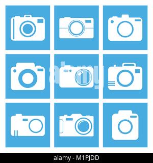 Kamera Symbol auf blauem Hintergrund. Vector Illustration im flachen Stil mit Fotografie Symbole. Stock Vektor