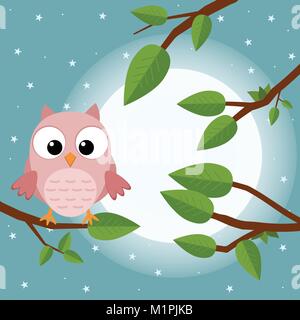 Bunte Baum mit niedlichen Eule. Cartoon Vogel im Mond Wald. Flache Vector Illustration. Stock Vektor