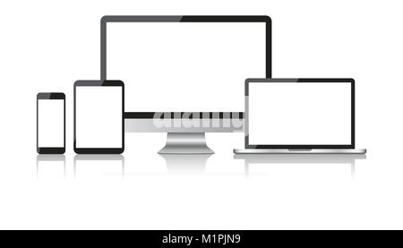 Realistische Gerät flach Symbole: Smartphone, Tablet-PC, Laptop und Desktop Computer. Vector Illustration Stock Vektor