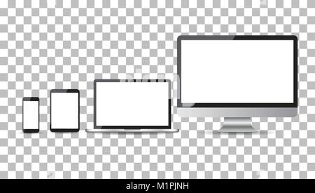 Realistische Gerät flach Symbole: Smartphone, Tablet-PC, Laptop und Desktop Computer. Vector Illustration Stock Vektor