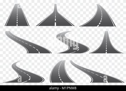 Satz von neun Vektor Straßen wit weiße Markierungen auf transparentem Hintergrund isoliert. Vector EPS 10. Stock Vektor