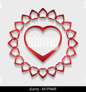 Kreis Spitze Ornament, runde dekorativen geometrischen doily Pattern mit roten Herzen geformt und Schatten. Vector Illustration Gruß, Einladung Hochzeit, Val Stock Vektor