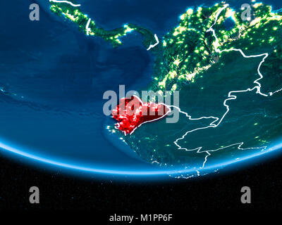 Ecuador in Rot mit sichtbaren Grenzen und die Lichter der Stadt von Raum in der Nacht. 3D-Darstellung. Elemente dieses Bild von der NASA eingerichtet. Stockfoto