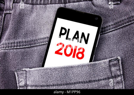 Konzeptionelle Hand schreiben Bildunterschrift Übersicht Plan 2018. Business Konzept für Planung Strategie Action Plan geschrieben Mobile Handy mit Platz in der Stockfoto