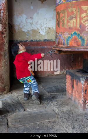 Bumthang, Bhutan. Little Boy ziehen große Gebetsmühle, jambay Lhakhang Kloster. Stockfoto