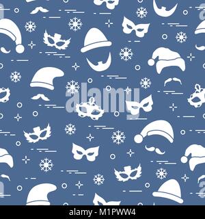 Nahtlose Muster von verschiedenen Karnevals Orden: Masken, Weihnachten Hüte, Schnurrbart, Bart. Karneval festliche Konzept. Kostüm für eine Party. Stock Vektor