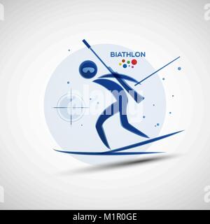 Biathlon Meisterschaft Banner. Wintersport Symbol. Abstrakte sportsman Silhouette. Vector Illustration des Biathlon Athleten Skifahren mit Wettbewerb Gewehr Stock Vektor