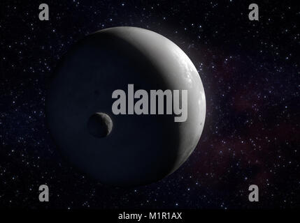 Dieses Bild ist ein Konzept der Orcus Zwergplanet und Ihr Mond Dysnomia in eine präzise und wissenschaftliche artwork Design. Dies ist ein 3-D-Rendering. Stockfoto