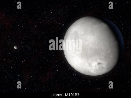 Dieses Bild ist ein Konzept der Orcus Zwergplanet und Ihr Mond Dysnomia in eine präzise und wissenschaftliche artwork Design. Dies ist ein 3-D-Rendering. Stockfoto