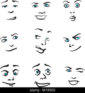 Neun beeindruckende Emoticon Symbole, hand Mimik auf weißem Hintergrund dargestellt. Vektorgrafiken Illustrationen. Stock Vektor