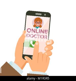 Online Arzt App Vektor. Hände halten Smartphone. Online Beratung. Frau auf dem Bildschirm. Healthcare Mobile Service. Isolierte flache Darstellung Stock Vektor