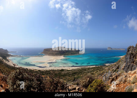 Lagune von Balos und der Halbinsel Gramvousa, Stadt Kissamos Chania, Kreta, Griechenland, Regionalbezik Balos Strand, Bucht, Lagune von Balos, Halbinsel Gram Stockfoto