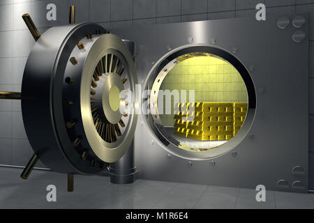 3D-Render einer Bank vault mit Stack von Goldbarren im Inneren Stockfoto