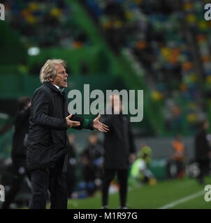 Lissabon, Portugal. 31 Jan, 2018. Die Sportliche Leiter Trainer Jorge Jesus reagiert während der Portugiesischen Liga Fußball Match zwischen sportlichen und Vitoria Guimaraes in Lissabon, Portugal, 31.01.2018. Sporting gewann 1:0. Credit: Zhang Liyun/Xinhua/Alamy leben Nachrichten Stockfoto