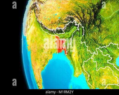 Bangladesch von der Umlaufbahn der Erde auf dem Planeten Erde gesehen in Rot mit sichtbare Rahmen hervorgehoben. 3D-Darstellung. Elemente dieses Bild durch NA eingerichtet Stockfoto