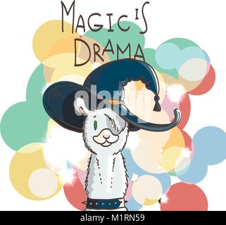 Nette Karte mit Cartoon llama. Motivierende und inspirierende Angebot. Kritzeln Abbildung. Magie ist Drama, Lama Stock Vektor