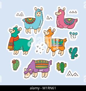 Cute Umrisse Lamas. Tinte Vector Illustration. Für Kinder und Malbücher. Pelztiere Sammlung Stock Vektor