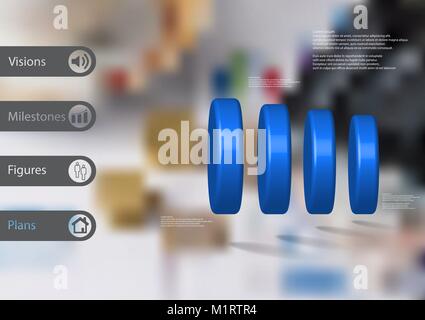 3D-Illustration Infografik Vorlage mit Motiv der vier blauen Zylinder horizontal mit einfachen Zeichen und Mustertext auf Seite in Bars angeordnet. Verschwommen Stock Vektor