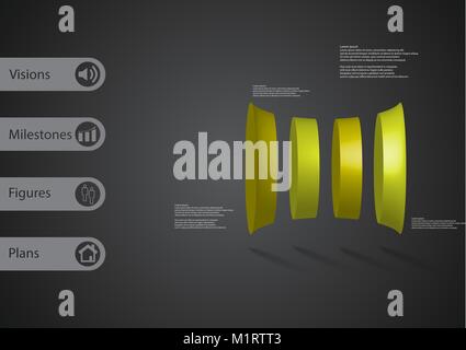 3D-Illustration Infografik Vorlage mit dem Motiv des deformierten Zylinder vertikal geteilte zu vier grünen Teile mit einfachen Zeichen und Mustertext auf Seite i Stock Vektor