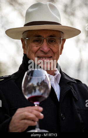 Reifer Mann mit Hut Toast und Getränke Wein in ein Glas Stockfoto
