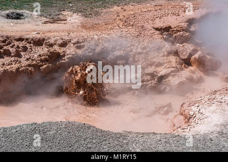 Ockerfarbenen Schlamm spritzt Alles so super beheizten Geysir fed Wasser bildet Terrakotta farbigen Blasen, die platzen. Stockfoto