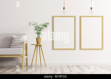 Innenraum der Wohnzimmer mit Sofa und zwei grauen Mock up Frames auf die weiße Wand 3D-Rendering Stockfoto