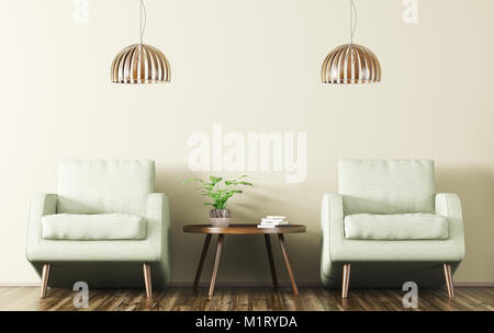 Modernes Interieur aus Wohnzimmer mit Holz-/Tisch und zwei Sesseln 3D-Rendering Stockfoto
