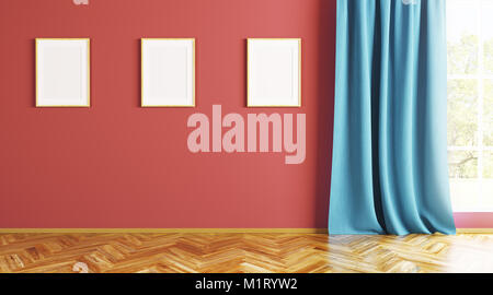 Leere Innenraum Hintergrund Wohnzimmer mit drei Poster Frames an der Wall 3D-Rendering Stockfoto