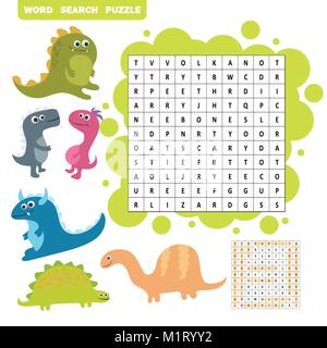 Logik Spiel, um Englisch zu lernen. Finden dino Wörter - Word Search puzzle Stock Vektor