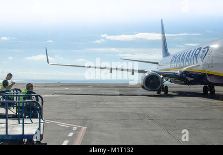 Gepäckabfertigung warten auf einem rollenden Ryanair Boeing 737 am Flughafen Teneriffa-Süd, Kanarische Inseln, Spanien Stockfoto