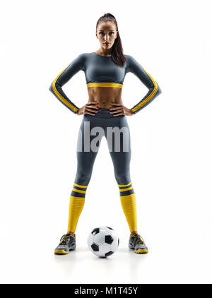 Bereit zu spielen. Fußball-Spieler Frau in Silhouette auf weißem Hintergrund. Sport und eine gesunde Lebensweise Stockfoto